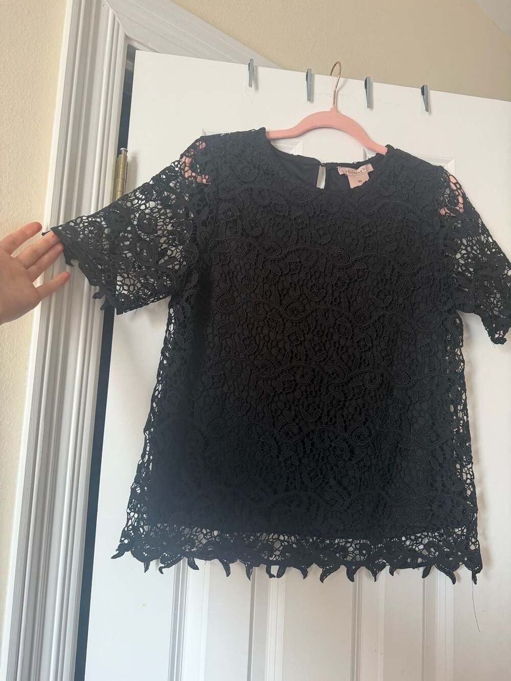 Philosophy Republic Clothing Black Lace Short Sleeve Blouse with Pearl Button